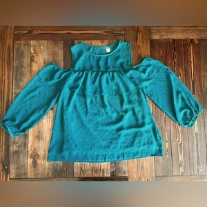 OLD NAVY • teal boho cold shoulder blouse ruffle sheer dressy feminine fashion